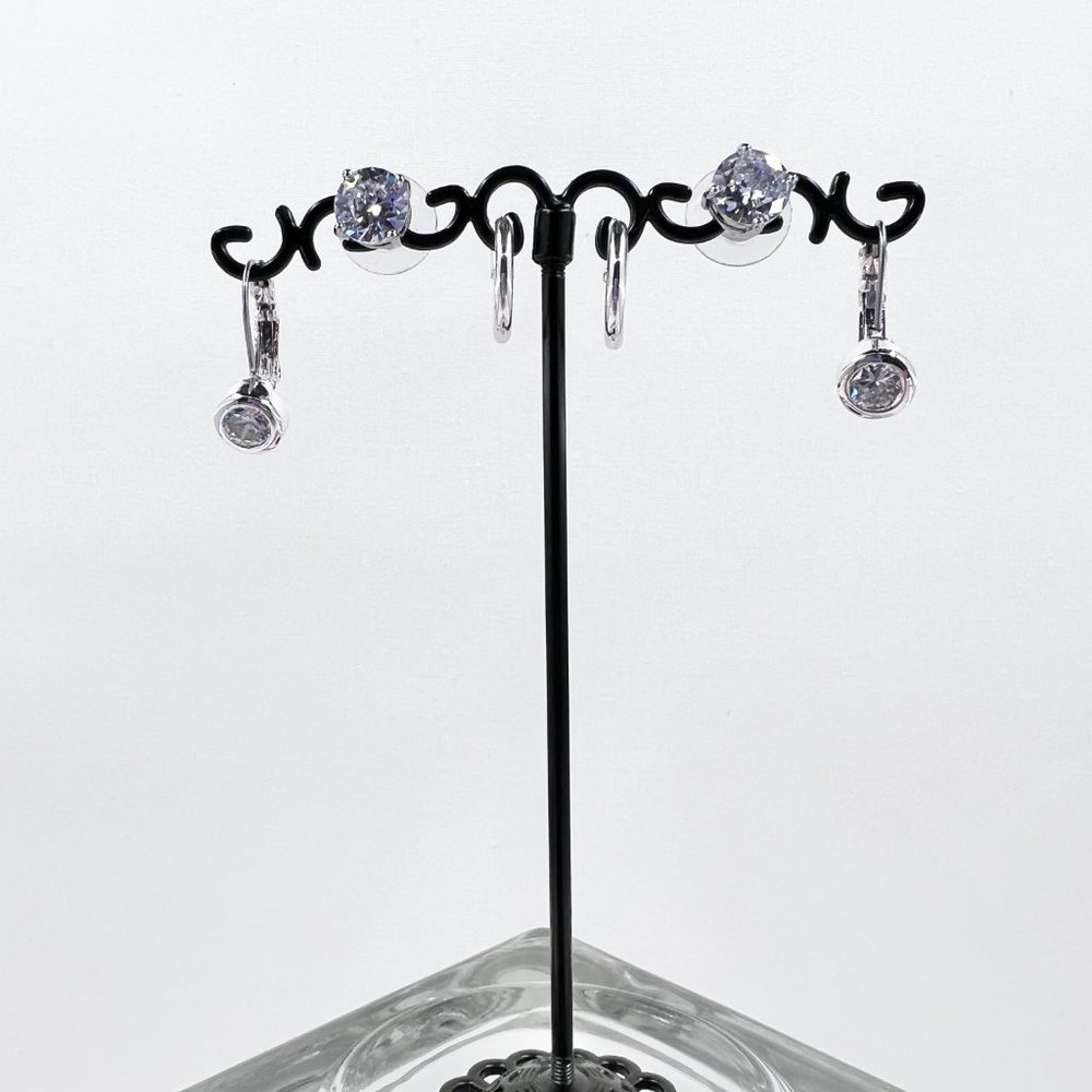3 Pairs Shiny Silver Tone Post, Hinged Hoop, and Leaver Back Earrings - Picture 2 of 5
